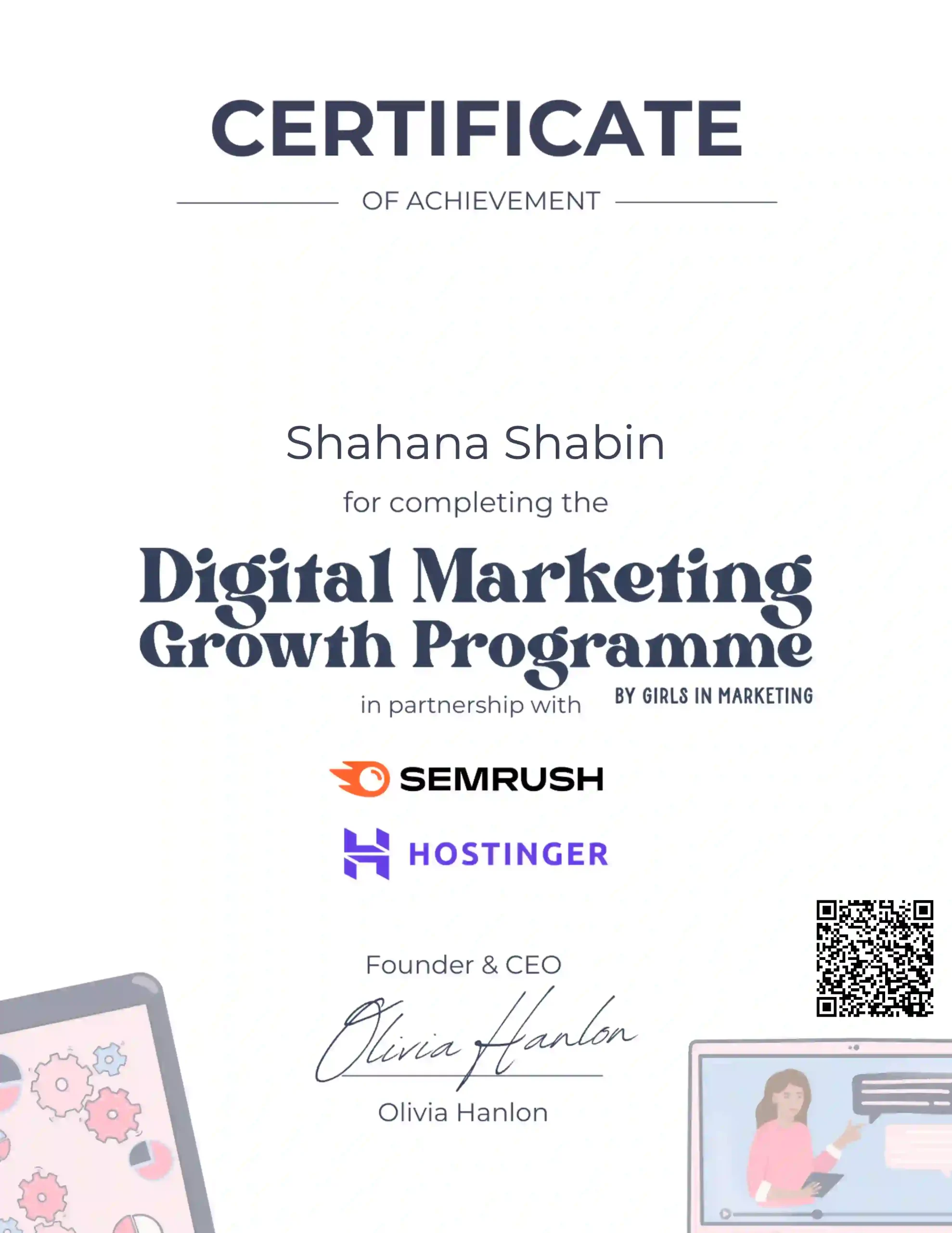 Certificate for the best digital marketing strategist in Kochi, Kerala, India from Girls In Marketing