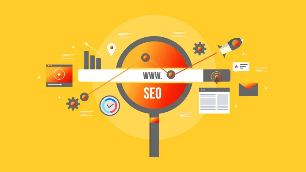 illustration of SEO concepts with a magnifying glass and digital marketing icons, representing the Best Digital Marketer in Koch