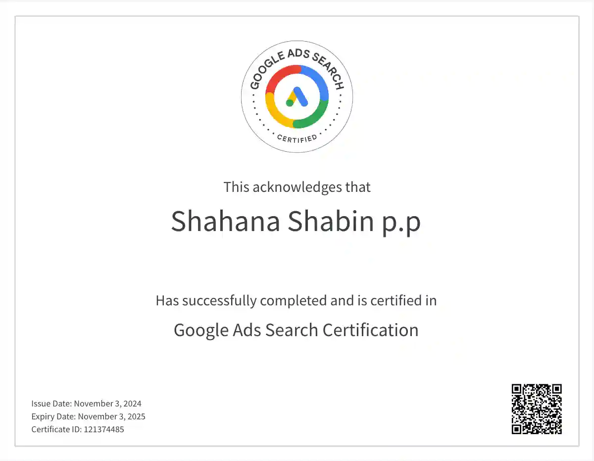 Google ads certificate for the best digital marketing strategist in Kochi, Kerala